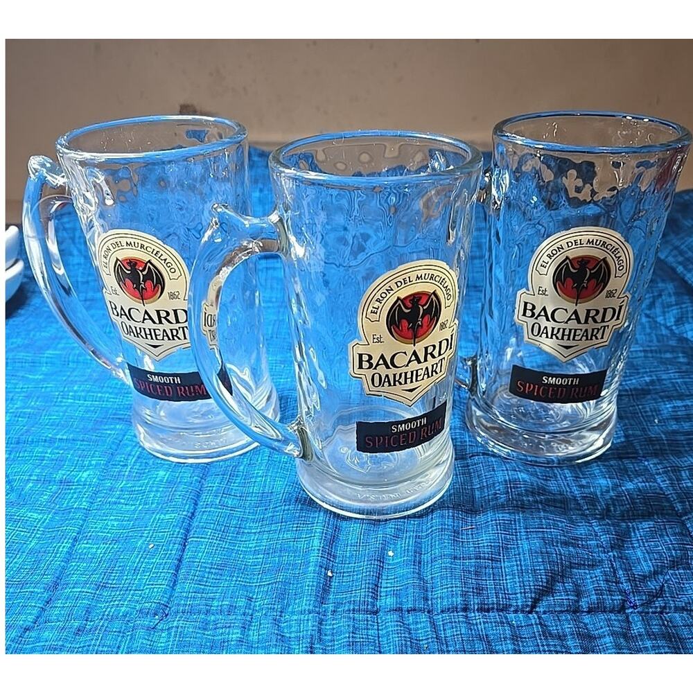 Bacardi Oakheart Smooth Spiced Rum Est. 1862 Dimpbeled 3 Glass Mugs/Steins